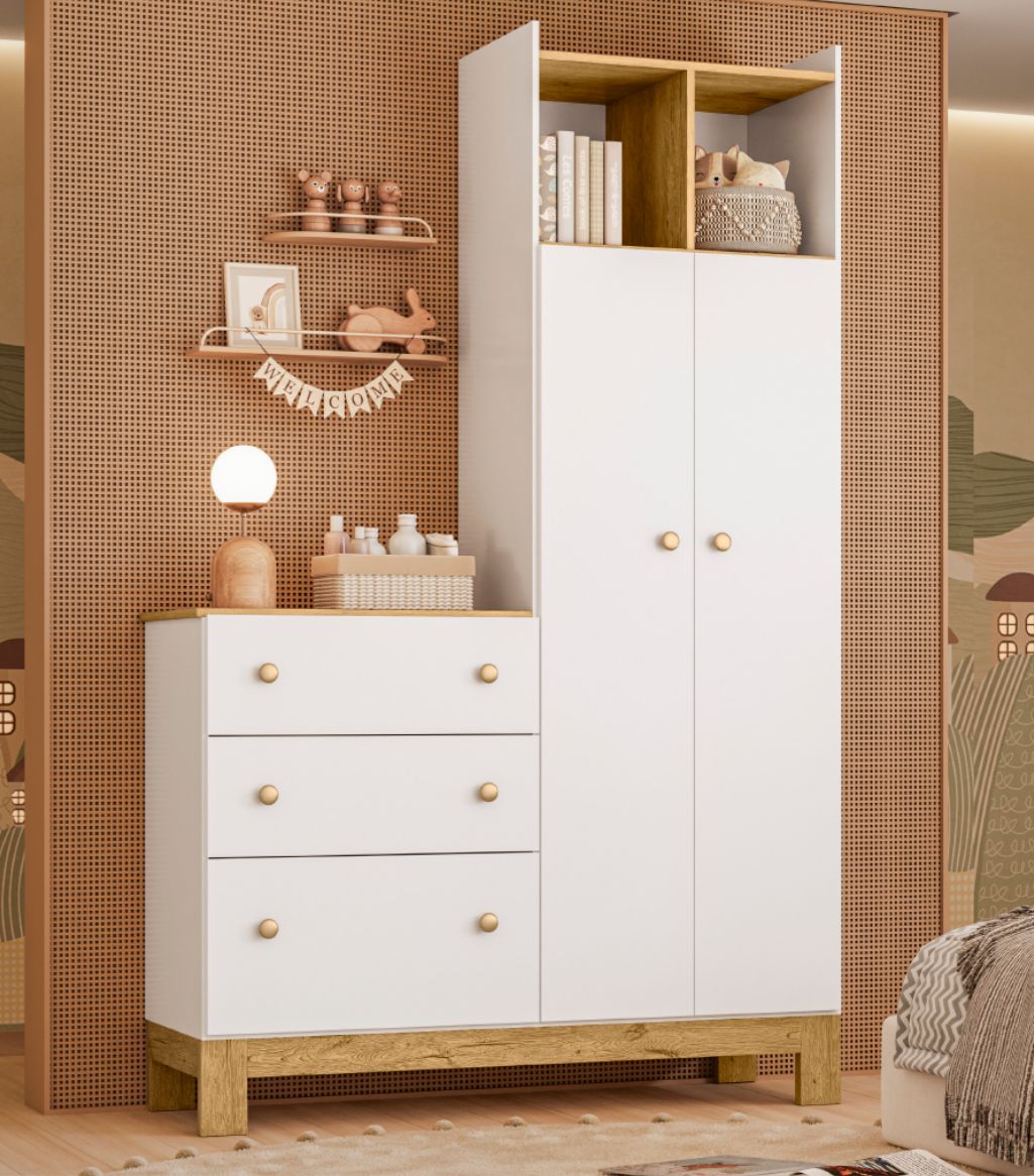 GUARDA ROUPA QMOVI C/COMODA FLORA BRANCO ACETINADO
