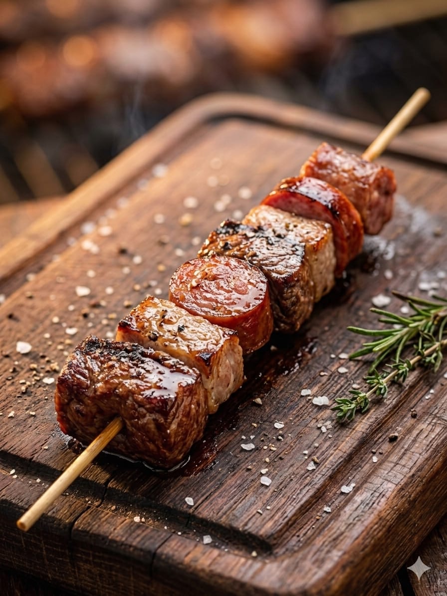 Espetinho Misto de Carne com Calabresa na Brasa apenas 8 Reais