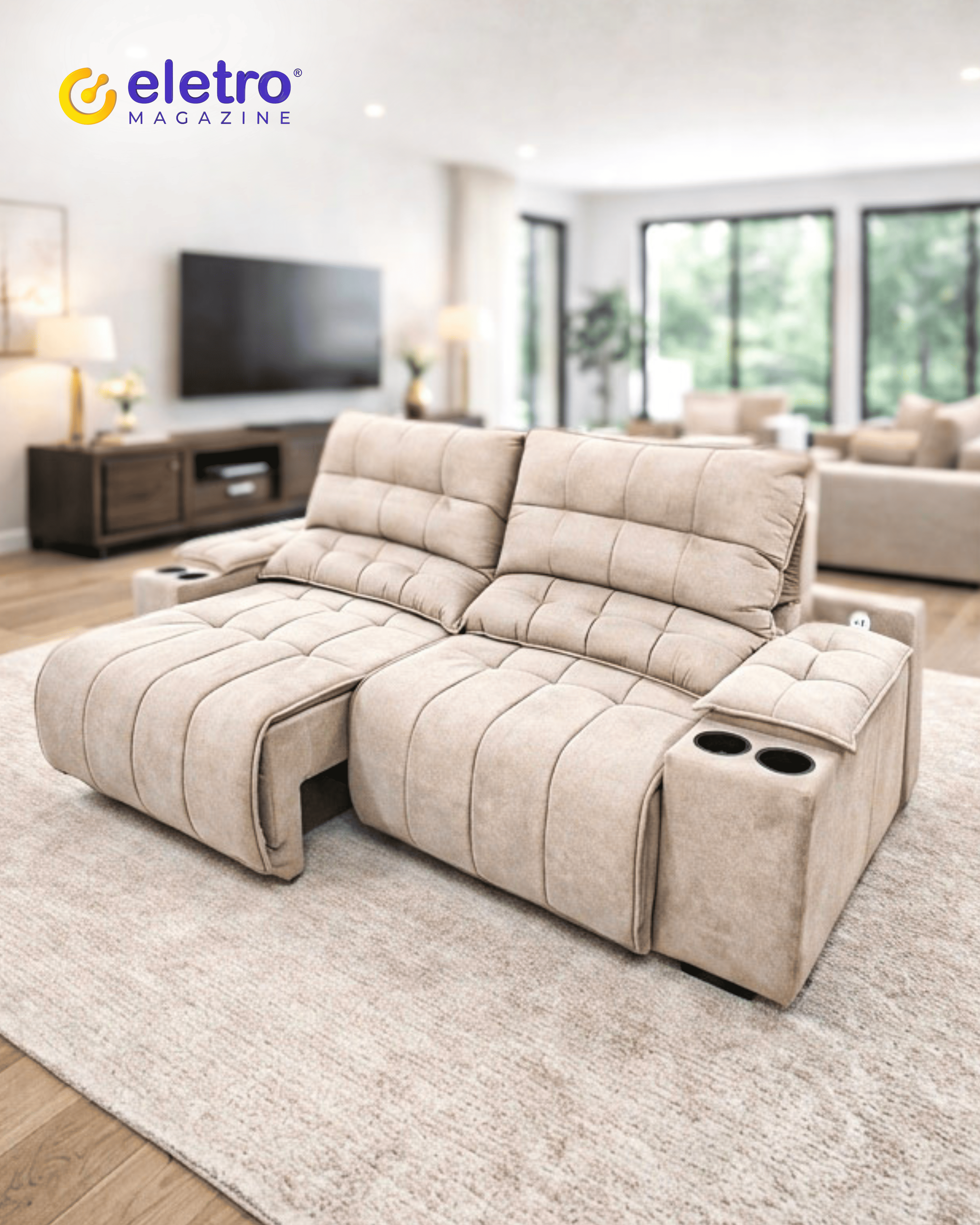 Sofá Retrátil Reclinável Dédalo Ortonorte Velosuede Cappuccino com Porta-Copos